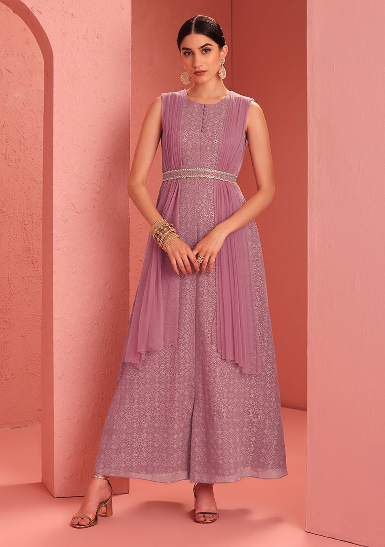 INDYA PINK L Kurti - Pink Foil Draped Kurta without Belt