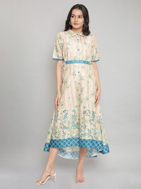 AURELIA Cream-Coloured & Blue Floral A-Line Midi Dress