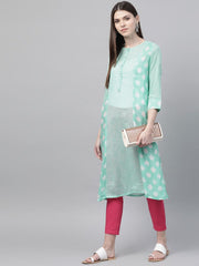 RANGRITI Sea Green & White Printed Semi-Sheer A-Line Kurta