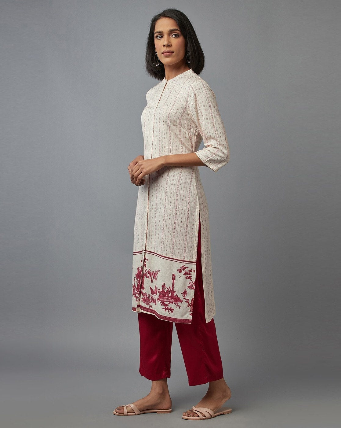W Printed Button-Down Straight Kurta in OFF WHITE, Rayon Flax Fabric, Women’s Ethnic Wear