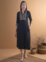 LIBAS Black Embroidered Rayon Kurta